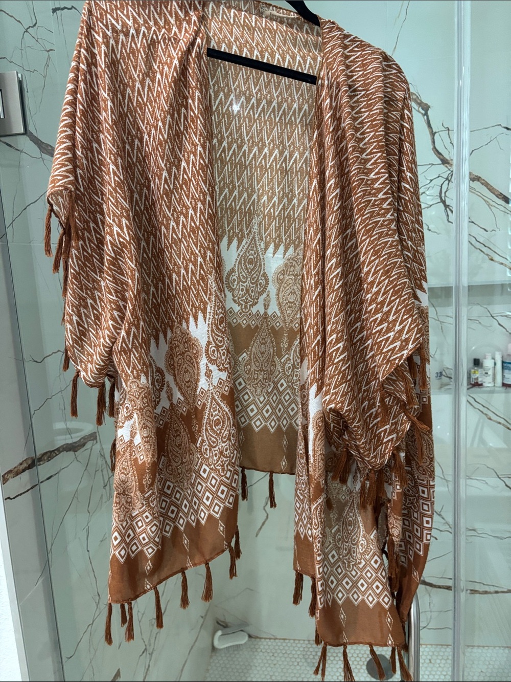 Brown and White Patterned Fringe Kimono